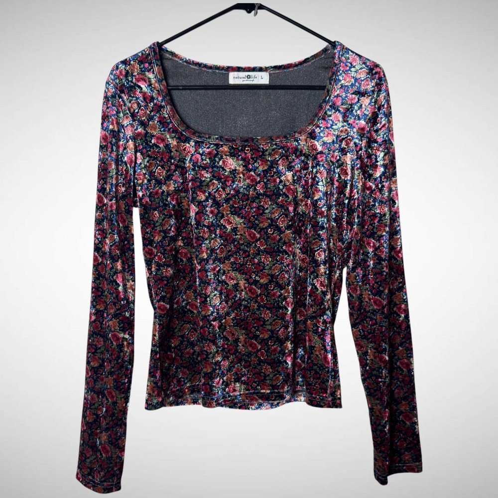 Natural Life‎ Floral Velvet Top Womens L Fairy Y2K Boho LongSleeve